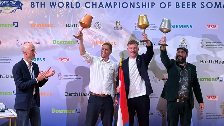 Winners of the Beer Sommelier World Championship 2025: Dennis Korr (Netherlands, 3rd place), Leon Rodenburg (Netherlands, 1st place), Oliver Klamminger (Austria, 2nd place) | Photo: Sachon Publishing House
